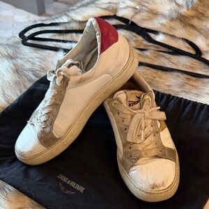 Zadig & Voltaire White Leather Sneakers with Red Heel and Tan Suede Accents